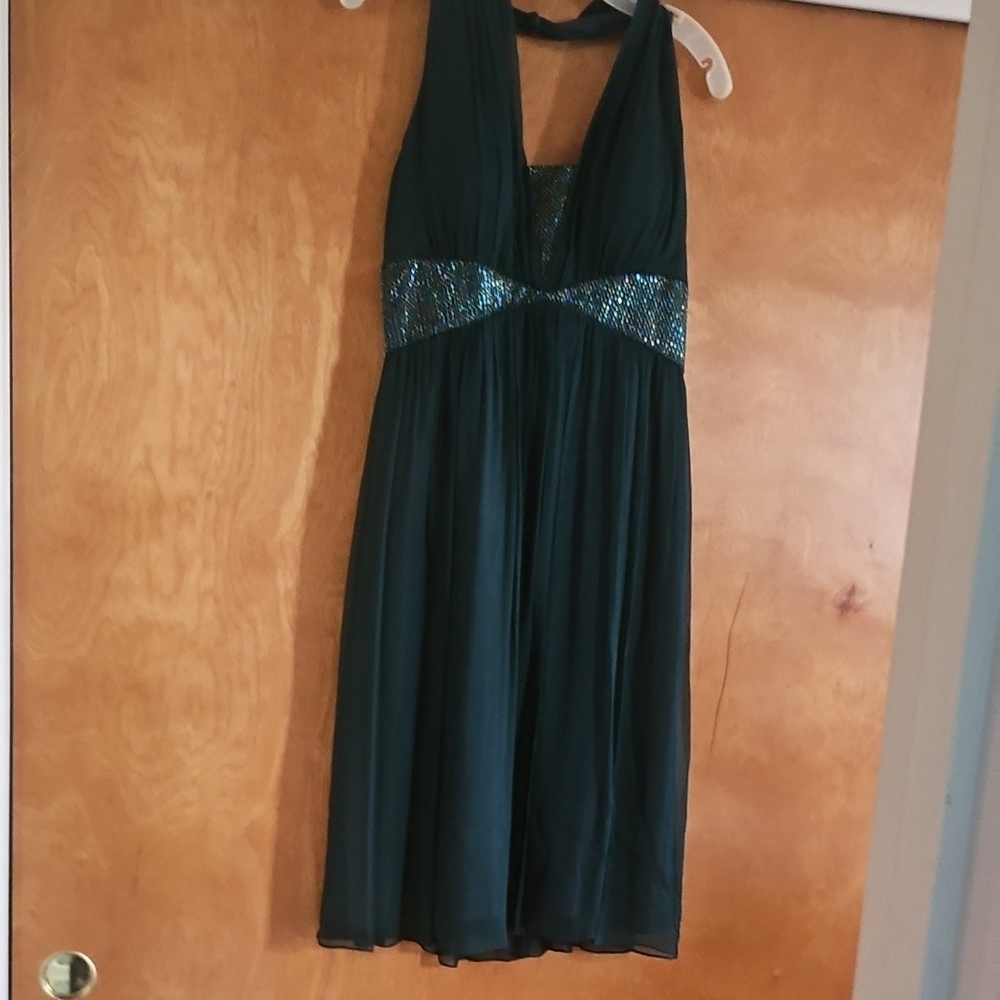 Maggy London Teal Halter Gown with Beaded Waistband